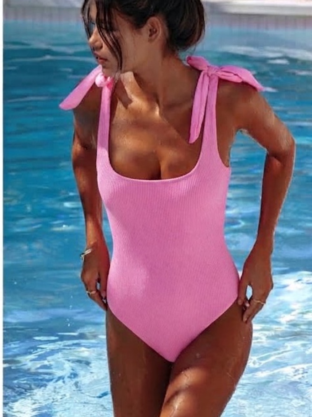 Beach Riot Sydney Prism Pink Ribbed Shoulder Tie One Piece Swim Bathing Suit